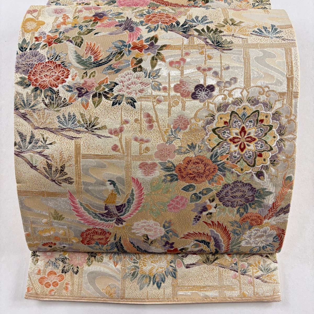 袋帯 秀品 尾長鳥 草花 金糸 箔 銀色 六通 正絹