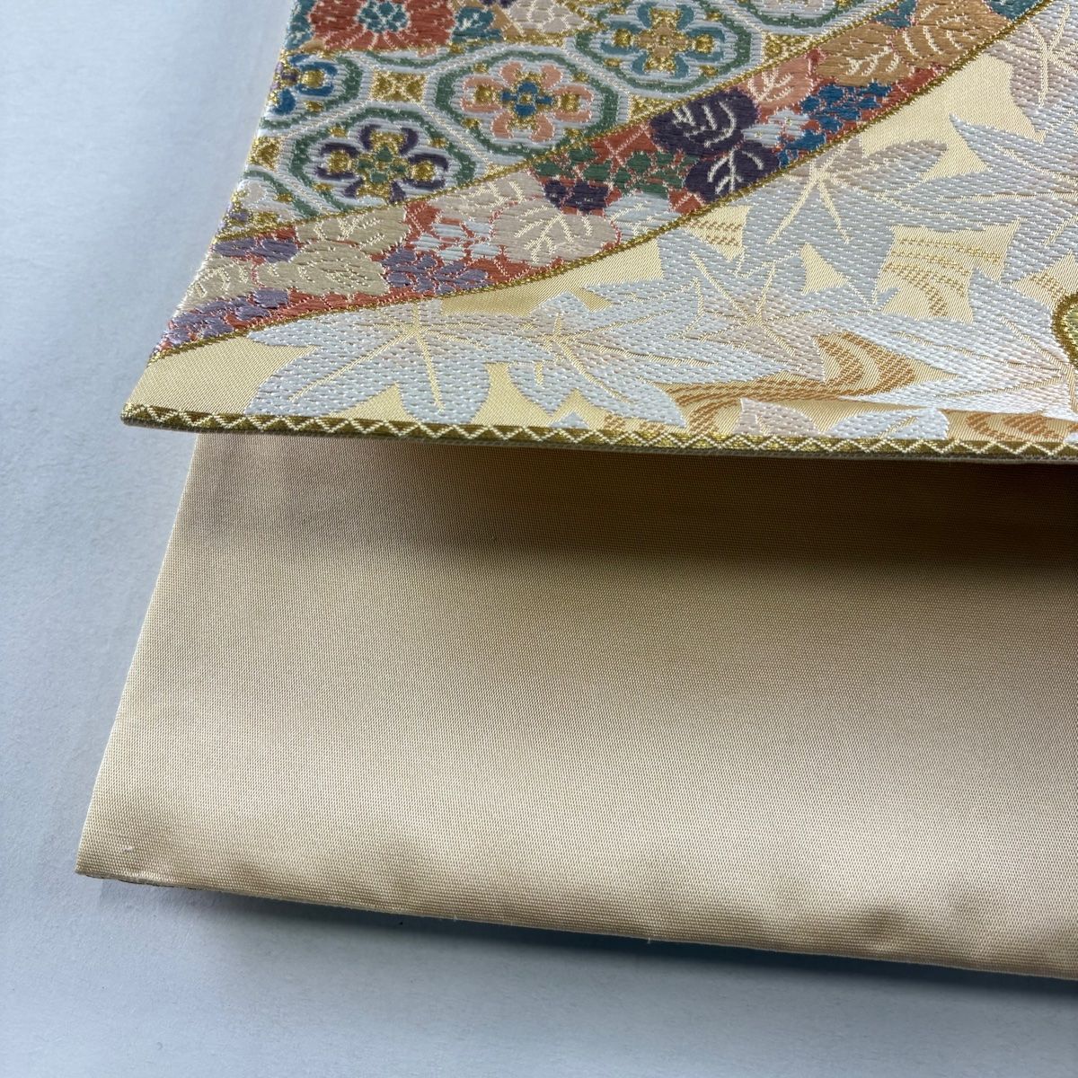  袋帯 秀品 舟 草花 金糸 箔 ベージュ 六通 正絹 袋帯 帯