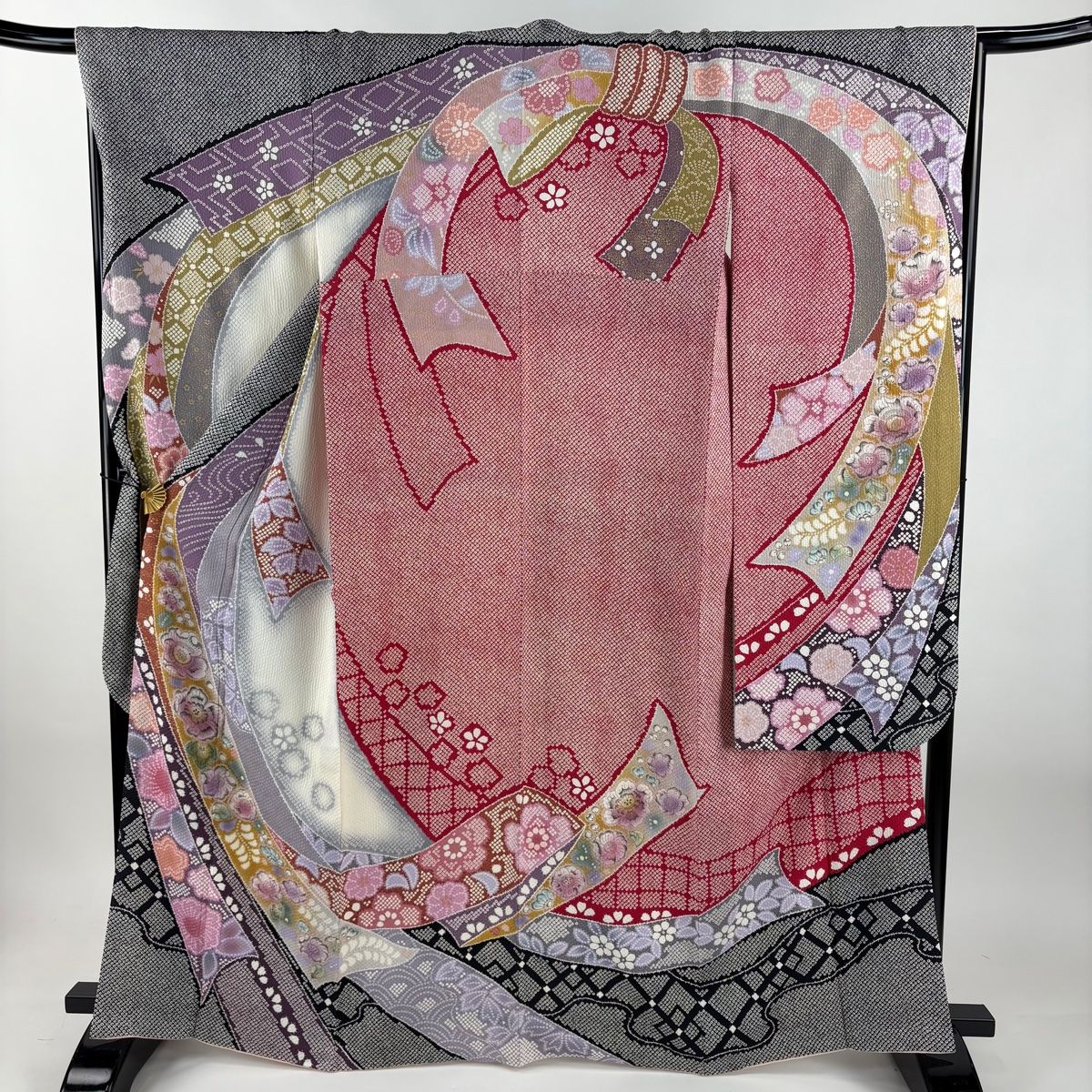 振袖 身丈164 5 cm 裄丈68 L 袷 熨斗 辻が花柄 金彩 染め分け 黒 正絹