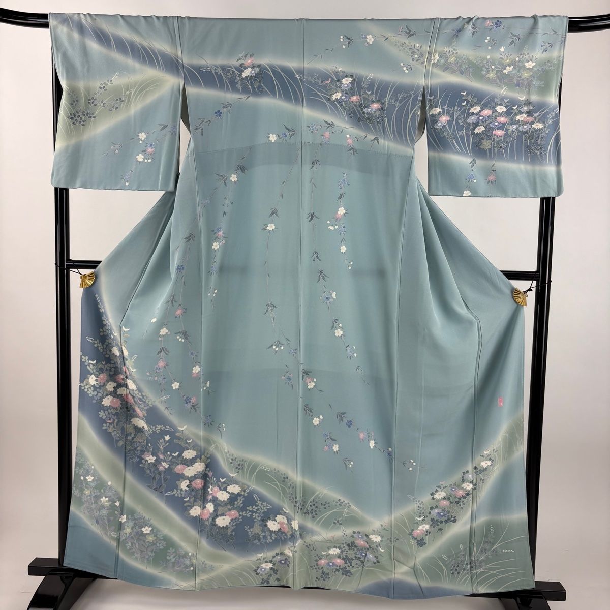 訪問着 身丈159cm 裄丈69cm L 袷 落款 菊 枝垂れ桜 染め分け ぼかし