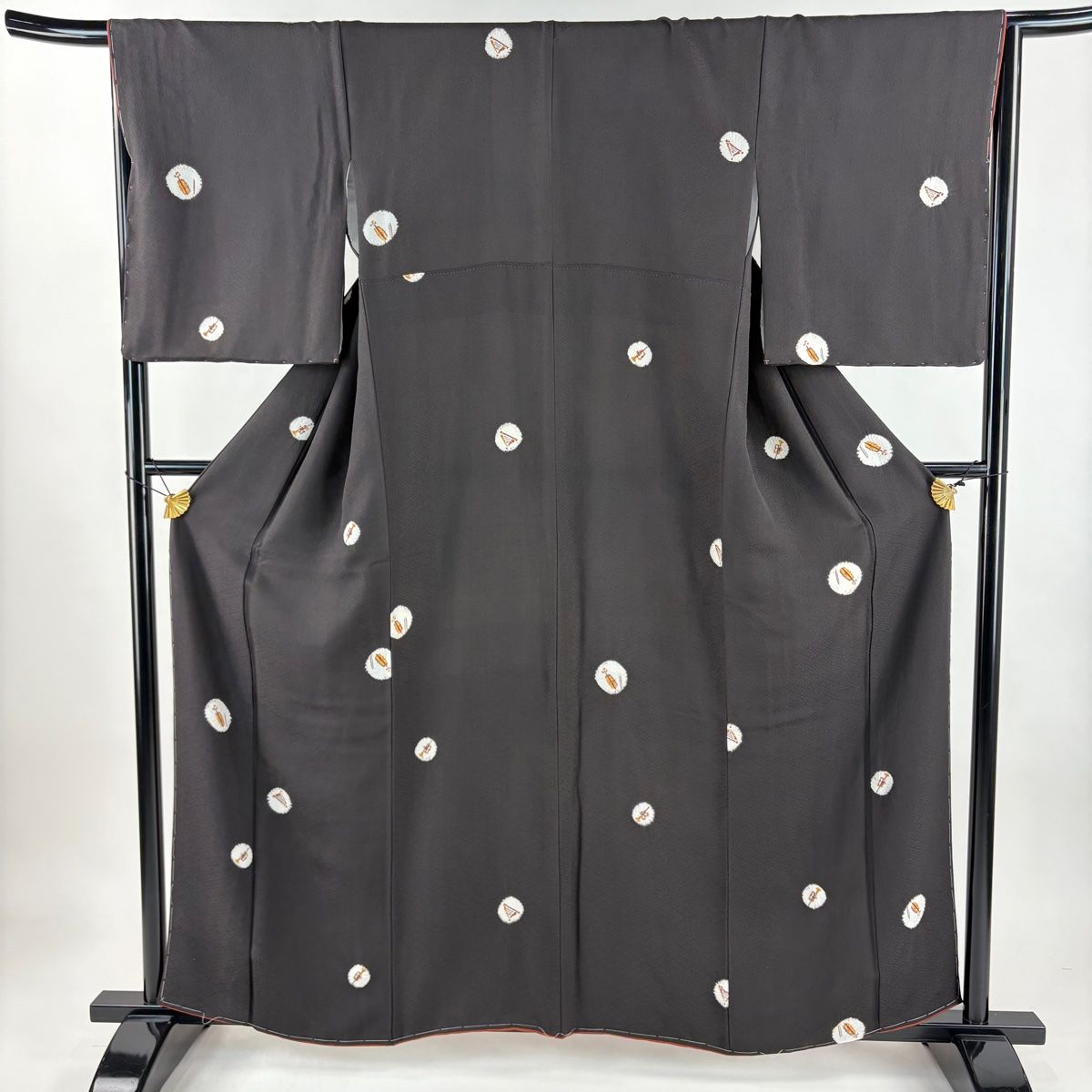 小紋 身丈159 5 cm 裄丈66 M 袷 やまと 楽器 地紋 絞り 焦茶色 正絹