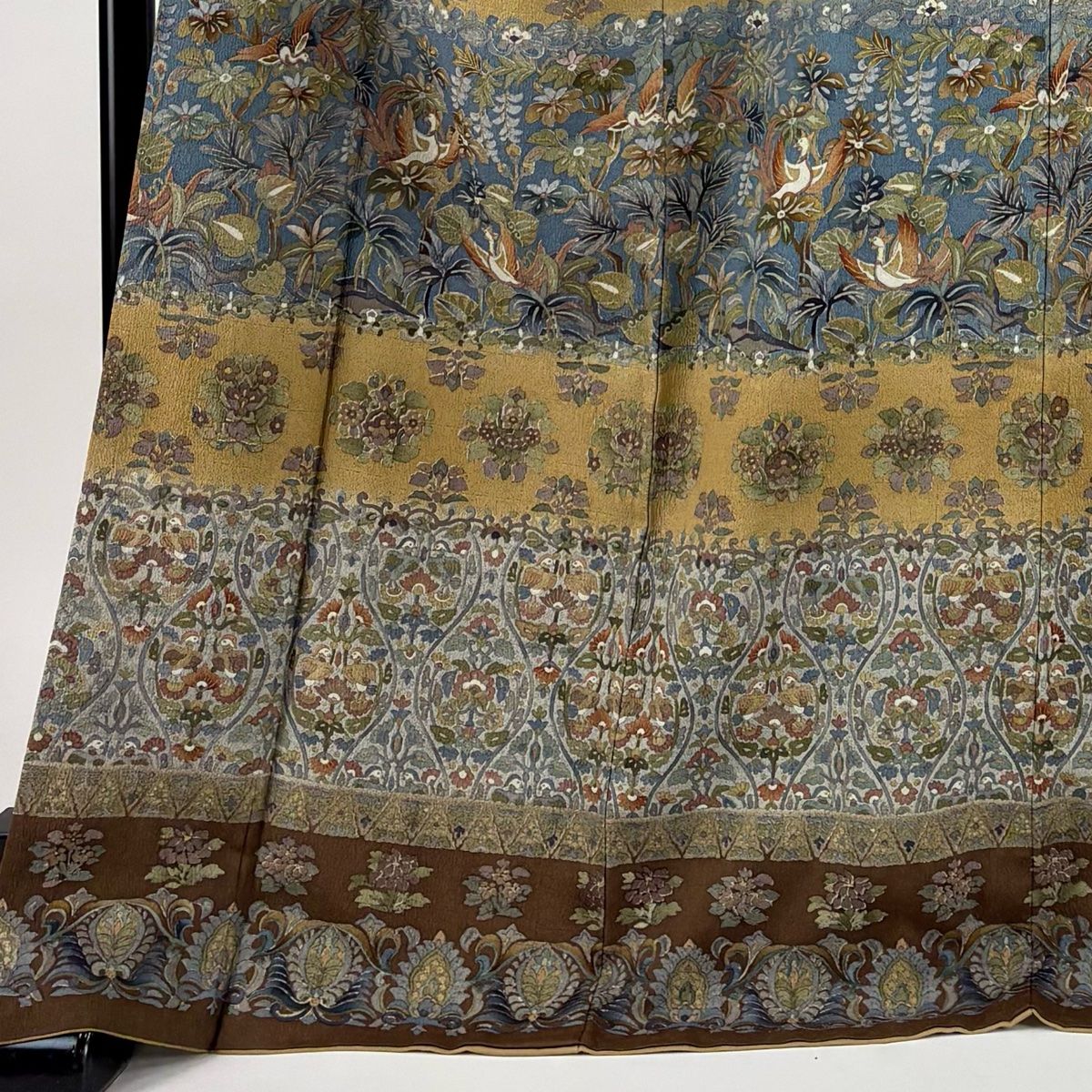 訪問着 身丈171 cm 裄丈69 L 袷 片桐嘉正 落款 鳥 草花 染め分け 黄土色 正絹