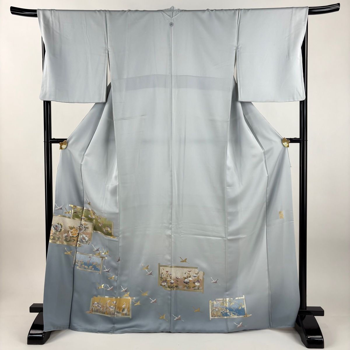 色留袖 身丈169 cm 裄丈68 L 袷 和田光正 落款 鶴 牡丹 金銀彩 ぼかし 青灰色 正絹 一つ紋