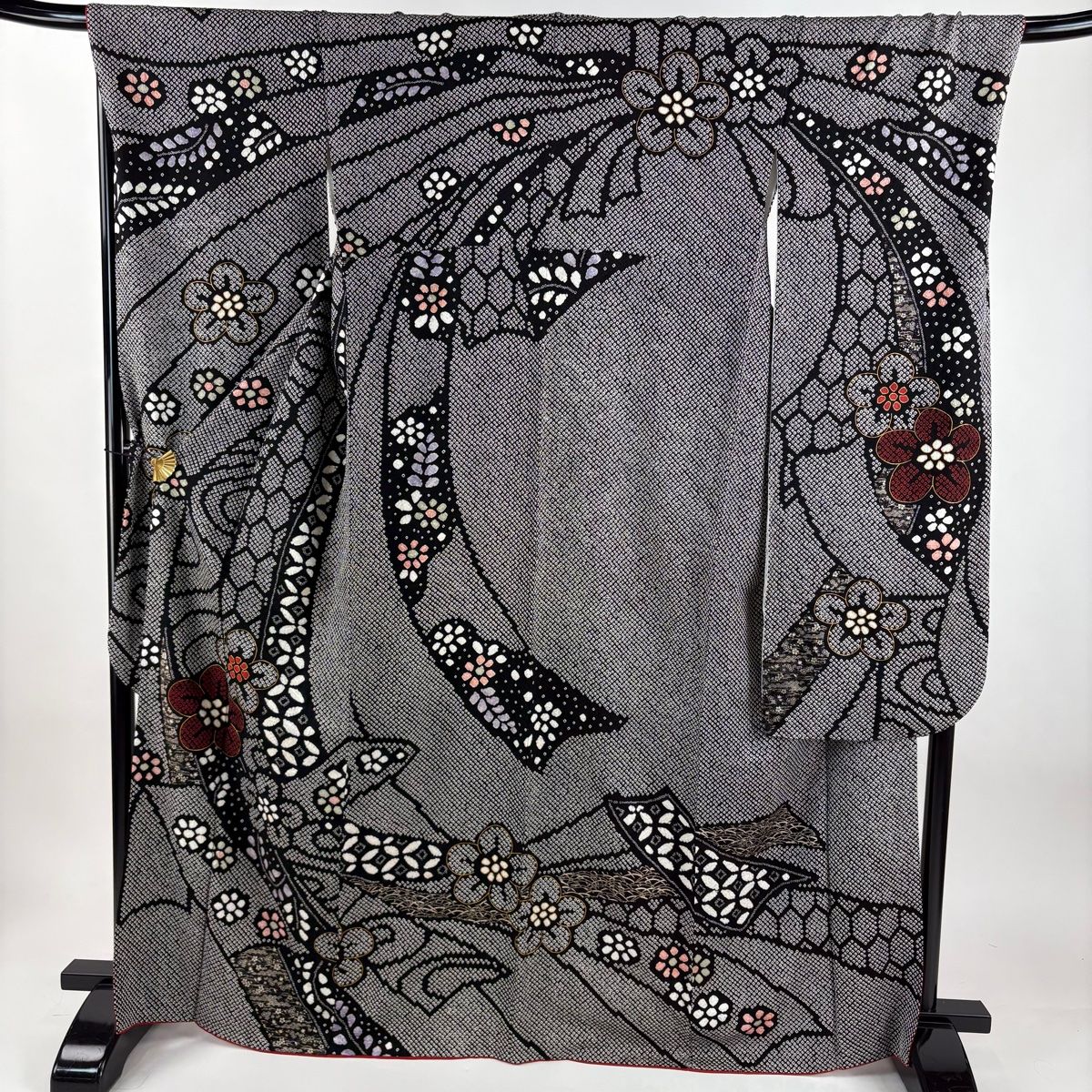 振袖 身丈166 cm 裄丈67 M 袷 ますいわ屋 梅 熨斗 金彩 総絞り 黒 正絹