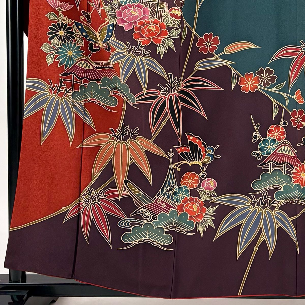 振袖 身丈158 cm 裄丈64 5 M 袷 蝶 松竹梅 染め分け 深緑 正絹