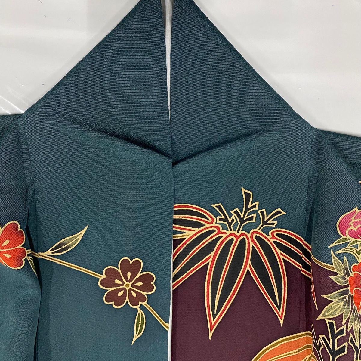  振袖 身丈158 cm 裄丈64 5 M 袷 蝶 松竹梅 染め分け 深緑 正絹 振袖 着物
