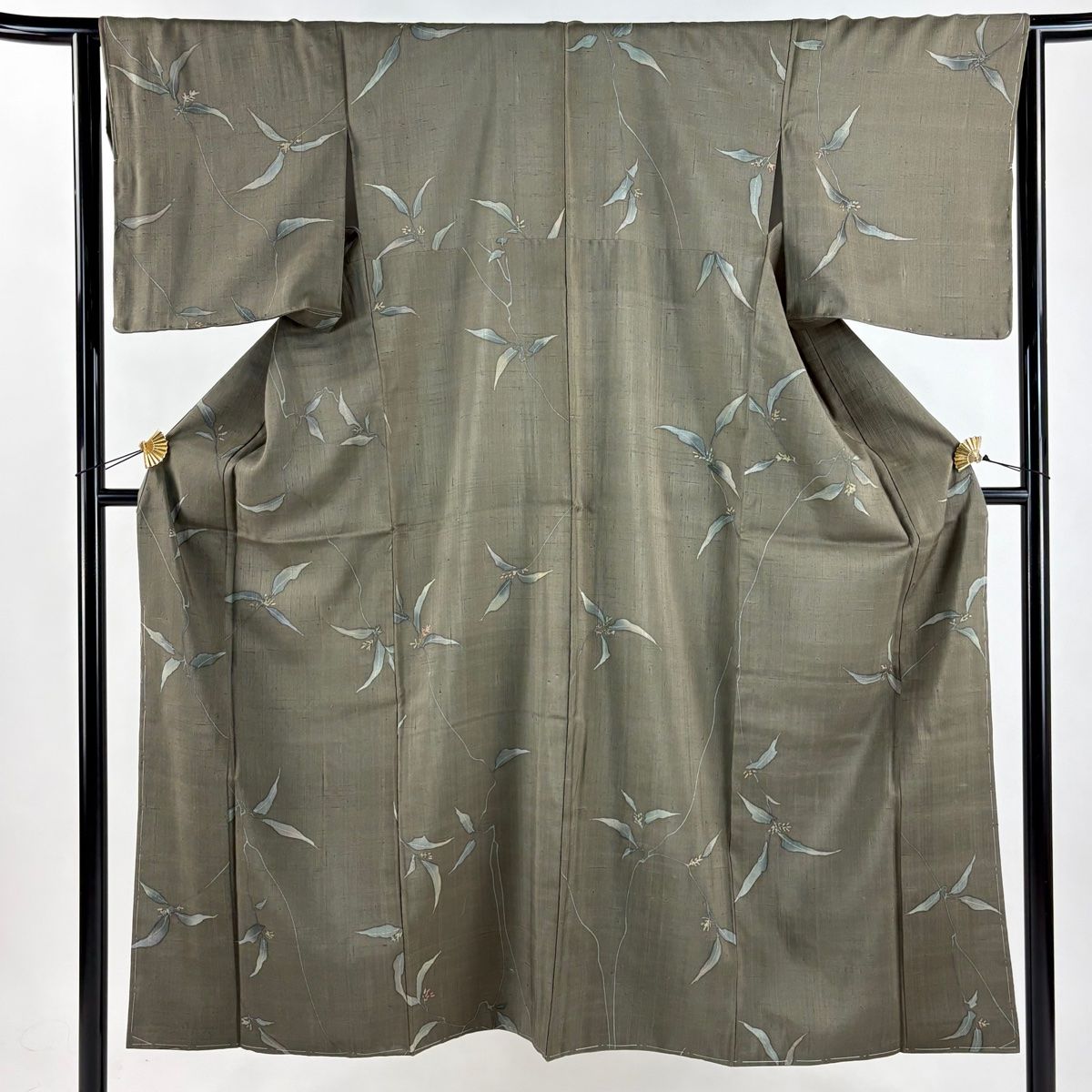 小紋 身丈150.5 cm 裄丈63 S 袷 生紬地 草花 茶緑色 正絹