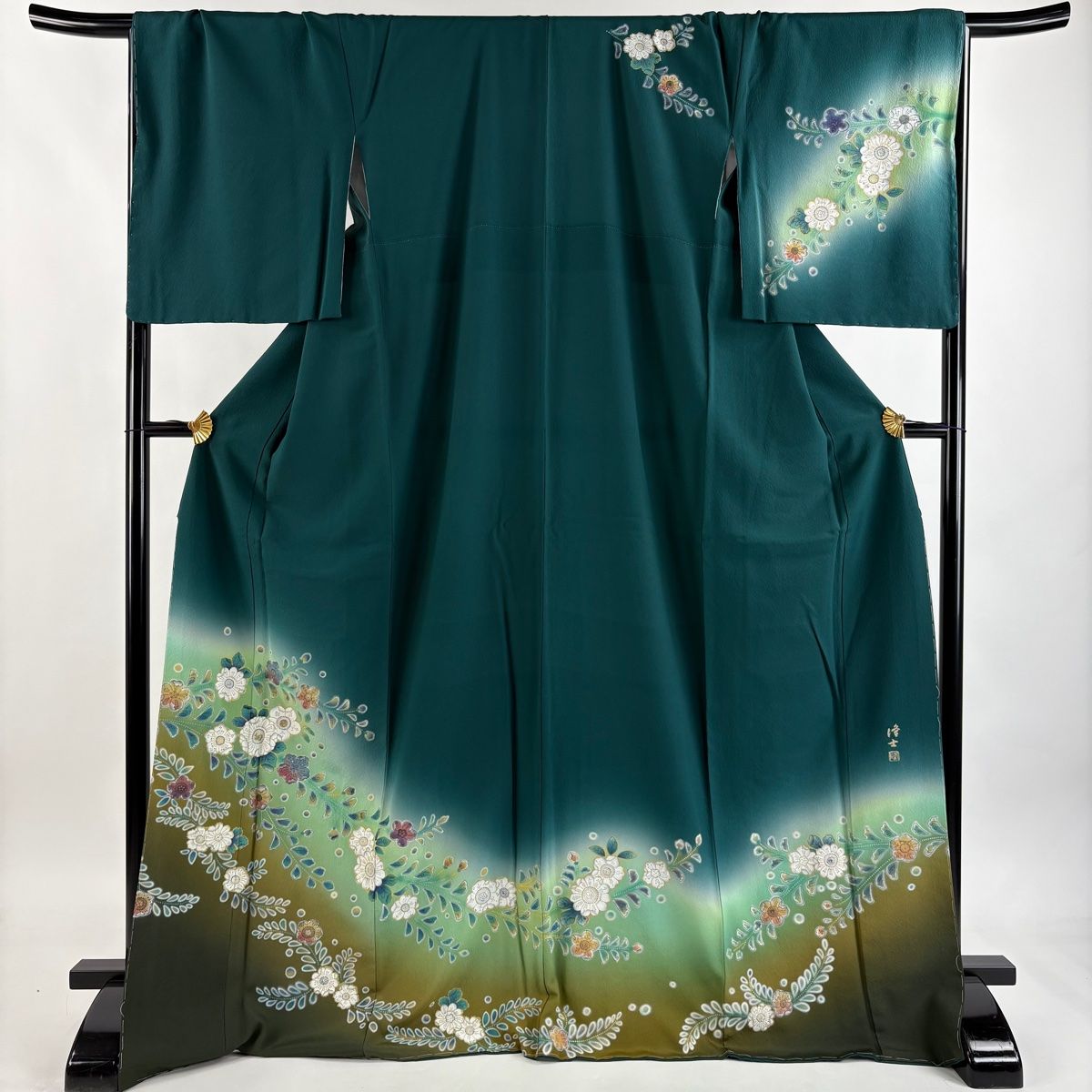 訪問着 身丈171 5 cm 裄丈68 L 袷 藤本隆士 落款 草花 螺鈿 金彩 緑 正絹