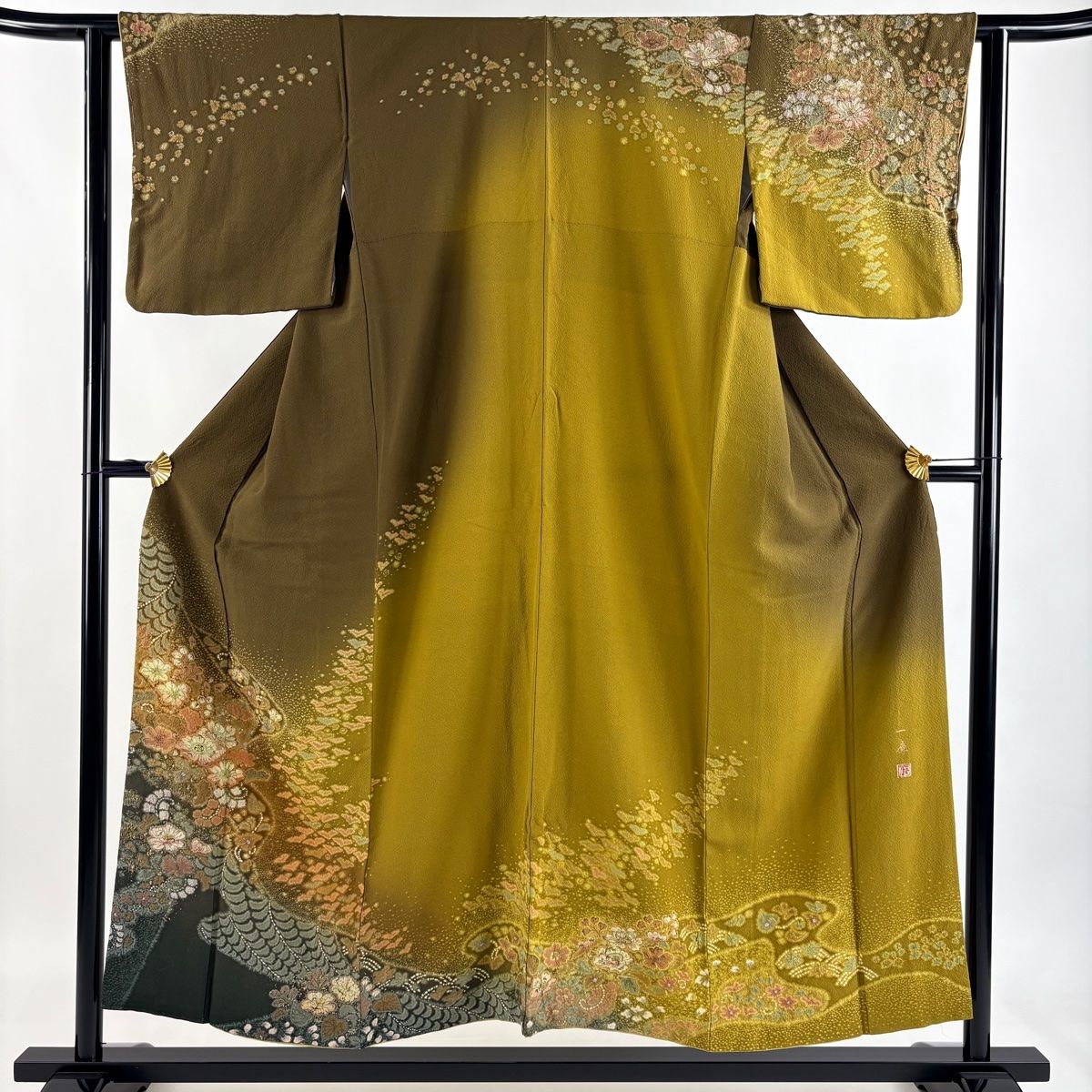 訪問着 身丈151 5 cm 裄丈62 S 袷 吉乃一廉 落款 辻が花 金彩 ぼかし 茶緑色 正絹