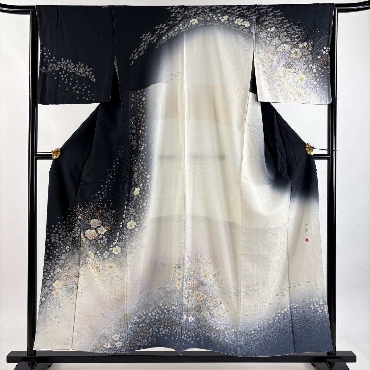 訪問着 身丈155 5 cm 裄丈64 M 袷 吉乃一廉 落款 辻が花 金彩 ぼかし 黒灰 正絹