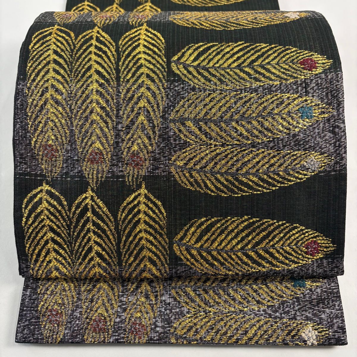 袋帯 羽根 横段 箔 深緑 六通 正絹