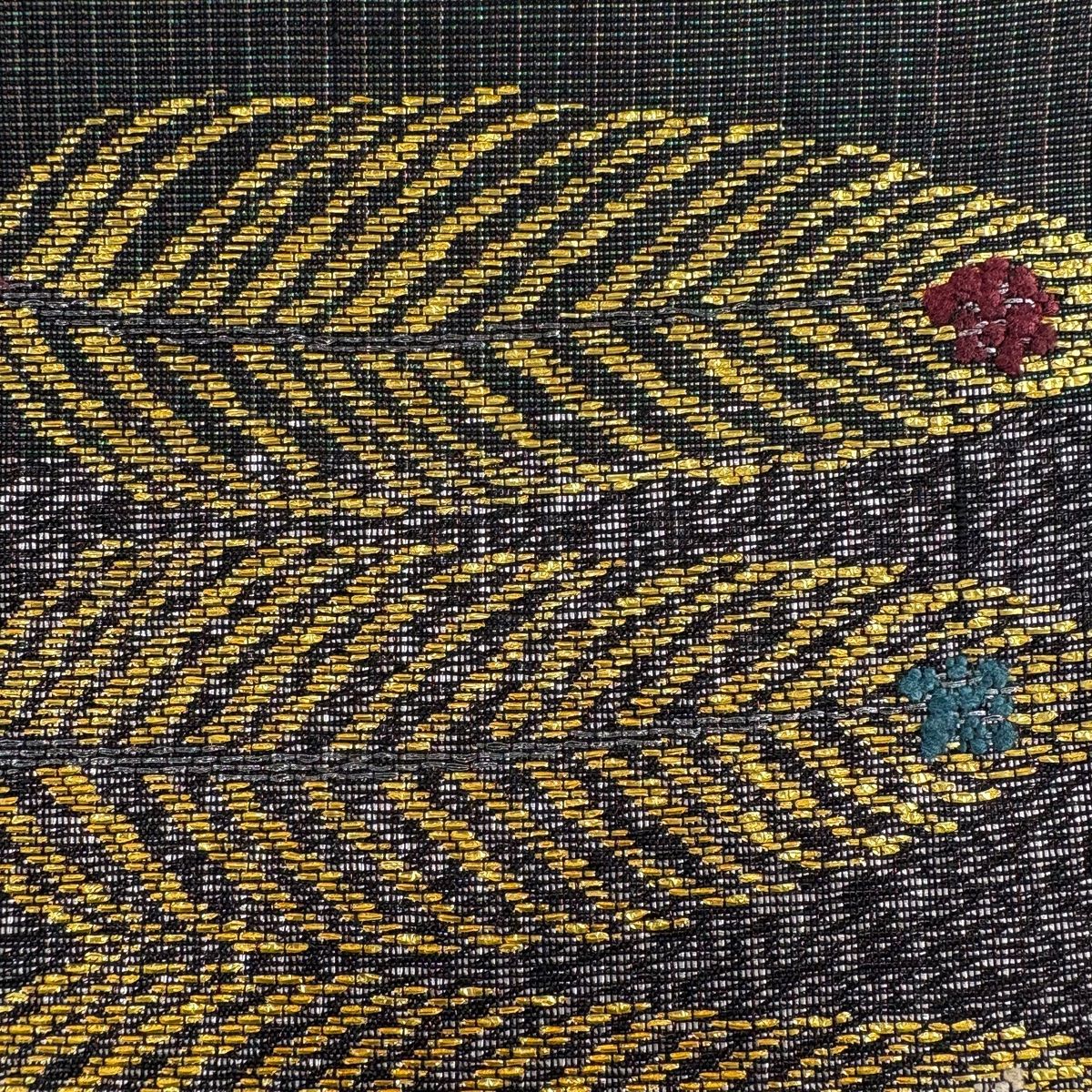 袋帯 羽根 横段 箔 深緑 六通 正絹