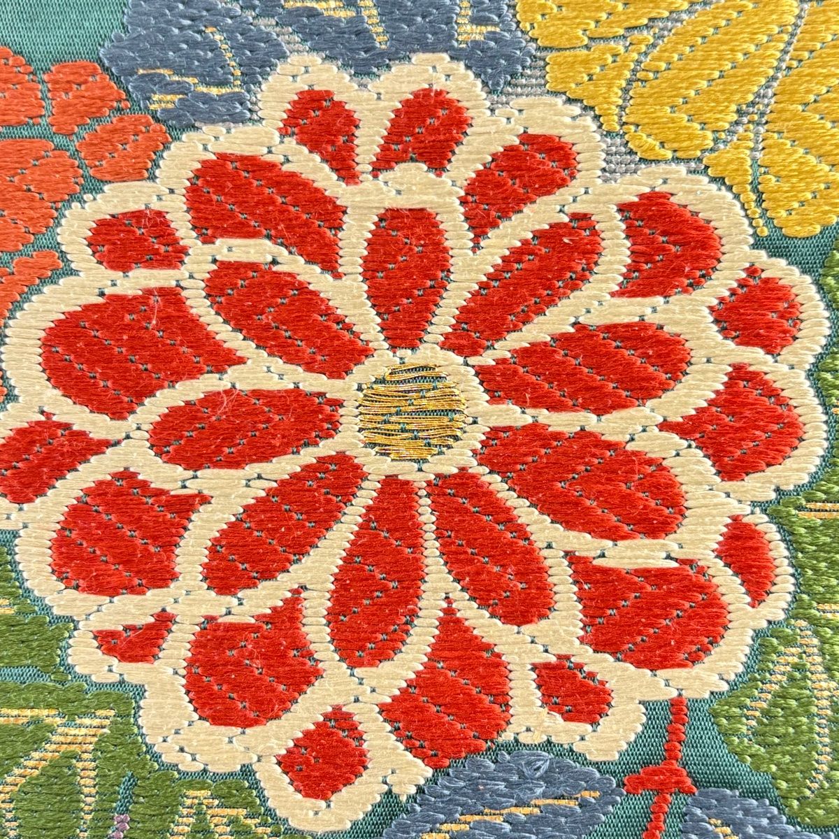 袋帯 花井幸子 落款 菊 色紙 箔 刺繍 緑 六通 正絹
