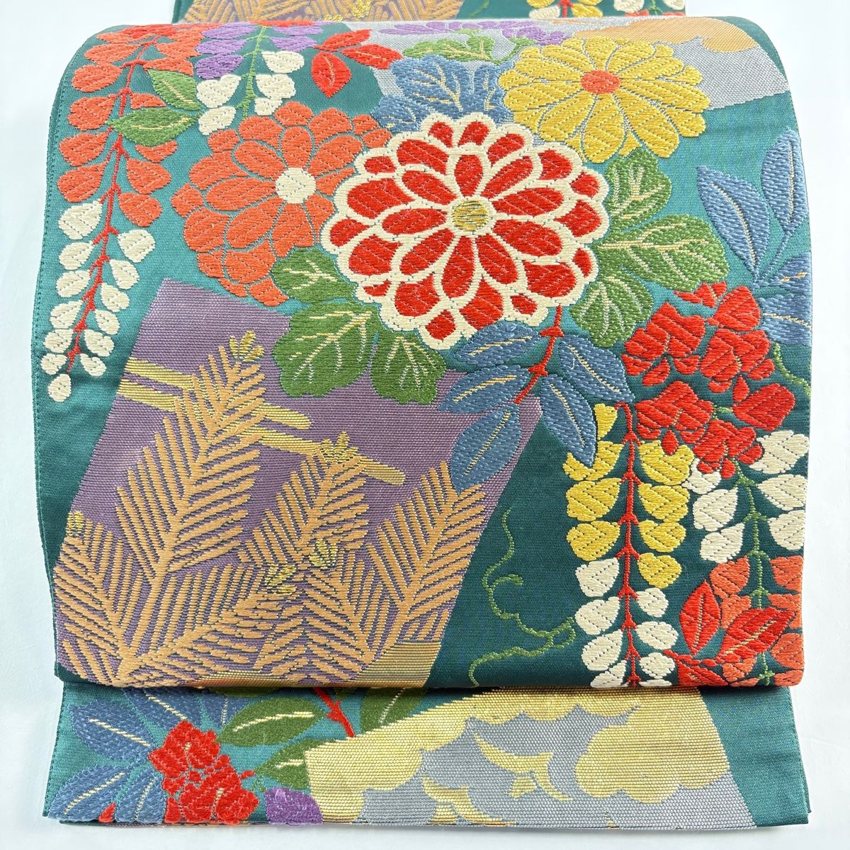 袋帯 花井幸子 落款 菊 色紙 箔 刺繍 緑 六通 正絹