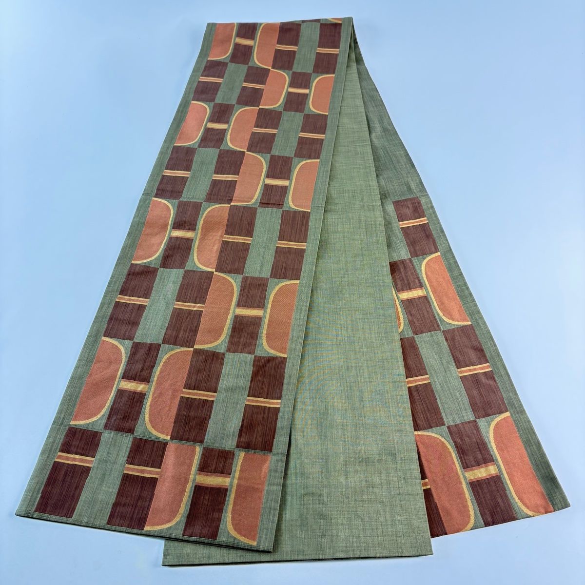  袋帯 木屋太 落款 紬地 幾何学模様 鶯色 六通 正絹 袋帯 帯