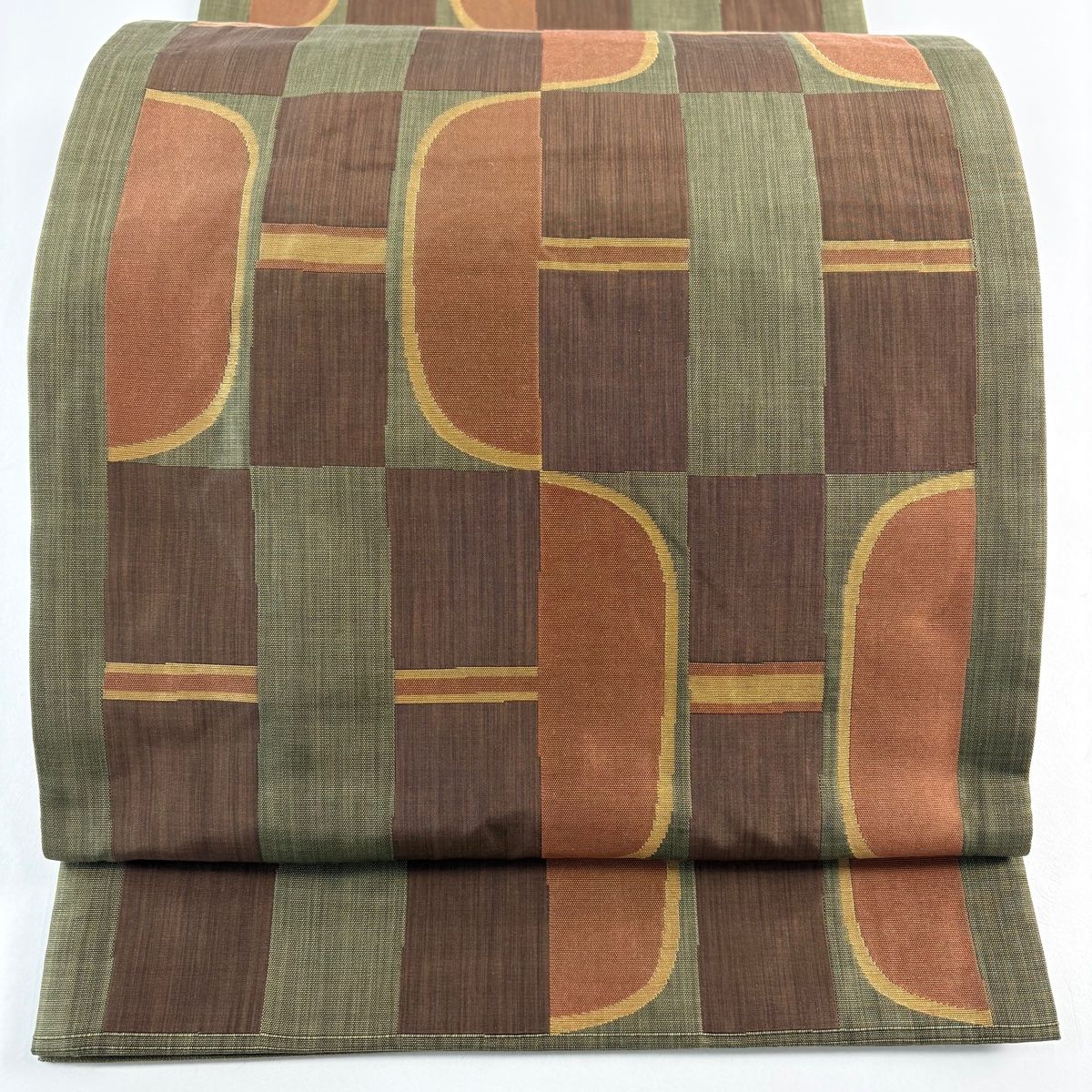 袋帯 木屋太 落款 紬地 幾何学模様 鶯色 六通 正絹