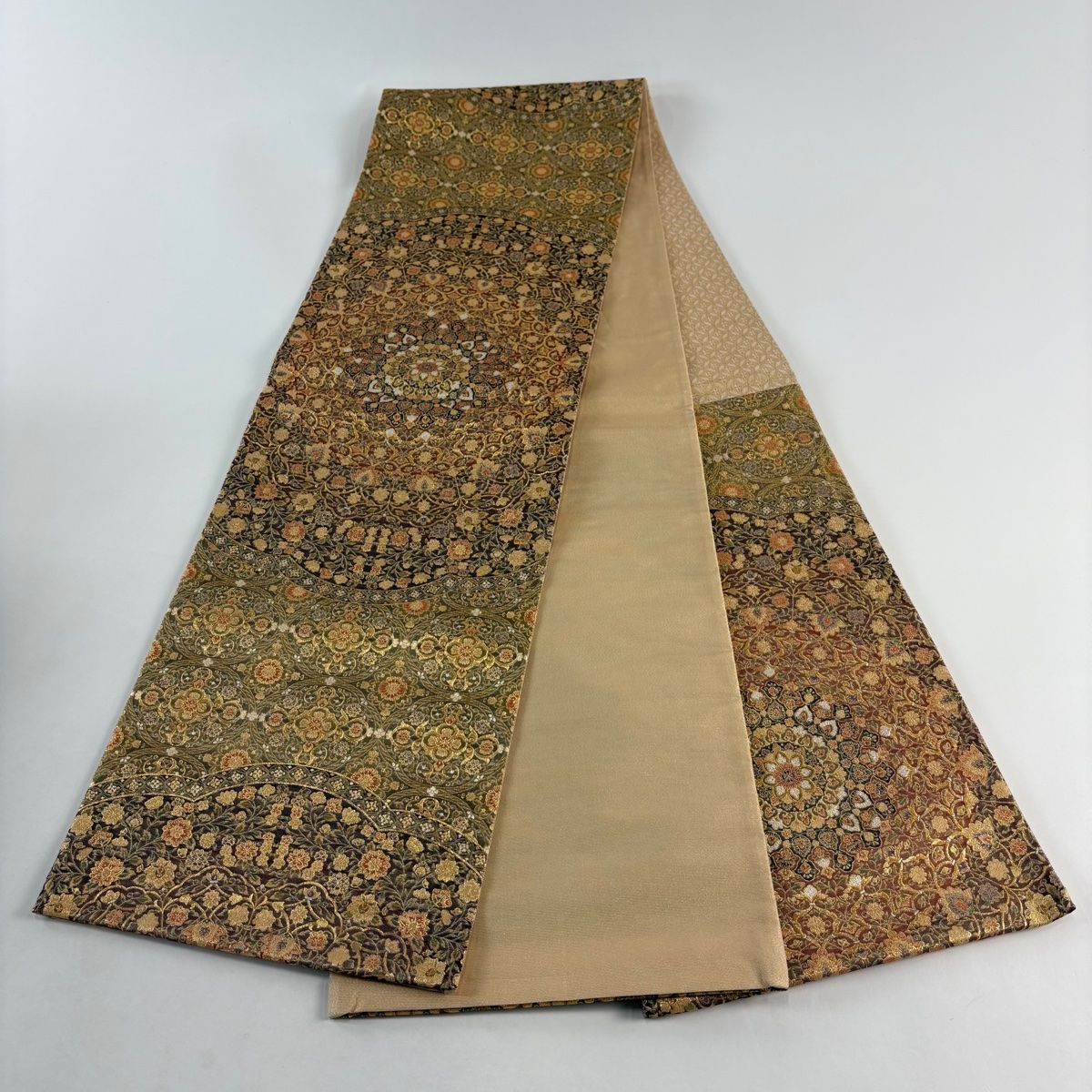  袋帯 華文 草花 金糸 箔 茶色 六通 正絹 袋帯 帯