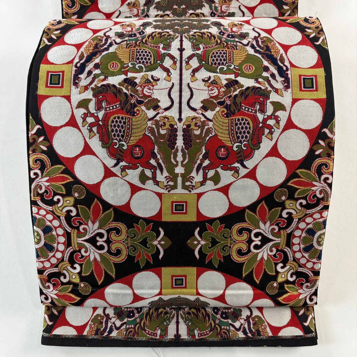 袋帯 狩猟文 連珠文 黒 六通 正絹