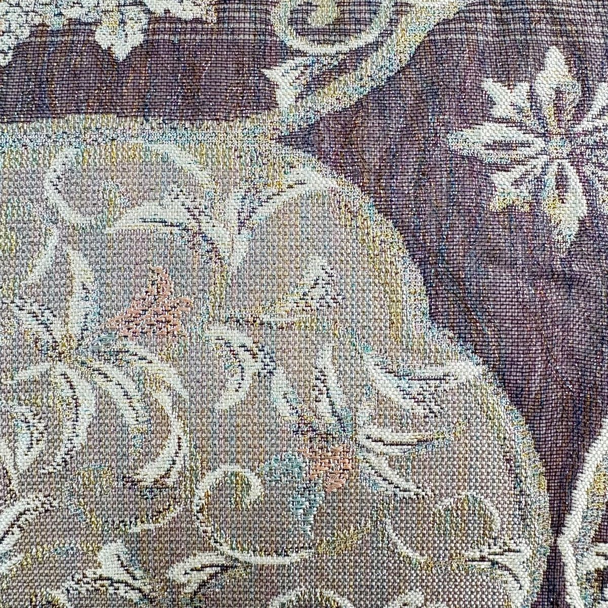 袋帯 花唐草 草花 ラメ糸 金糸 灰紫 全通 正絹