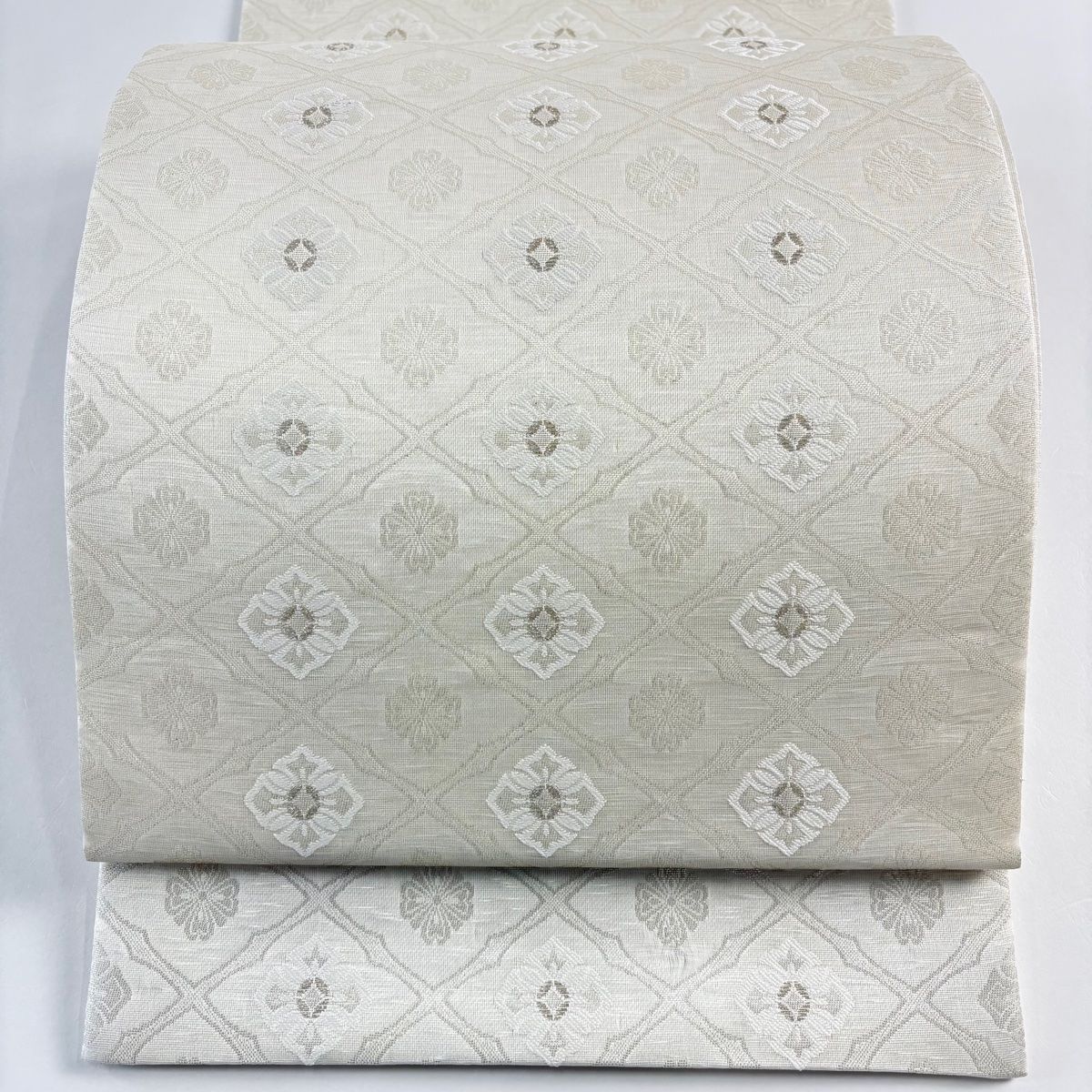 袋帯 夏帯 花菱 銀糸 クリーム 六通 正絹