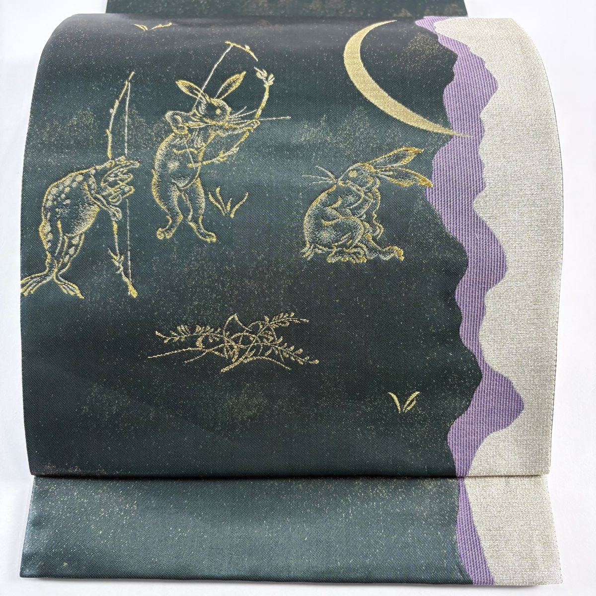 袋帯 鳥獣戯画 箔 深緑 六通 正絹