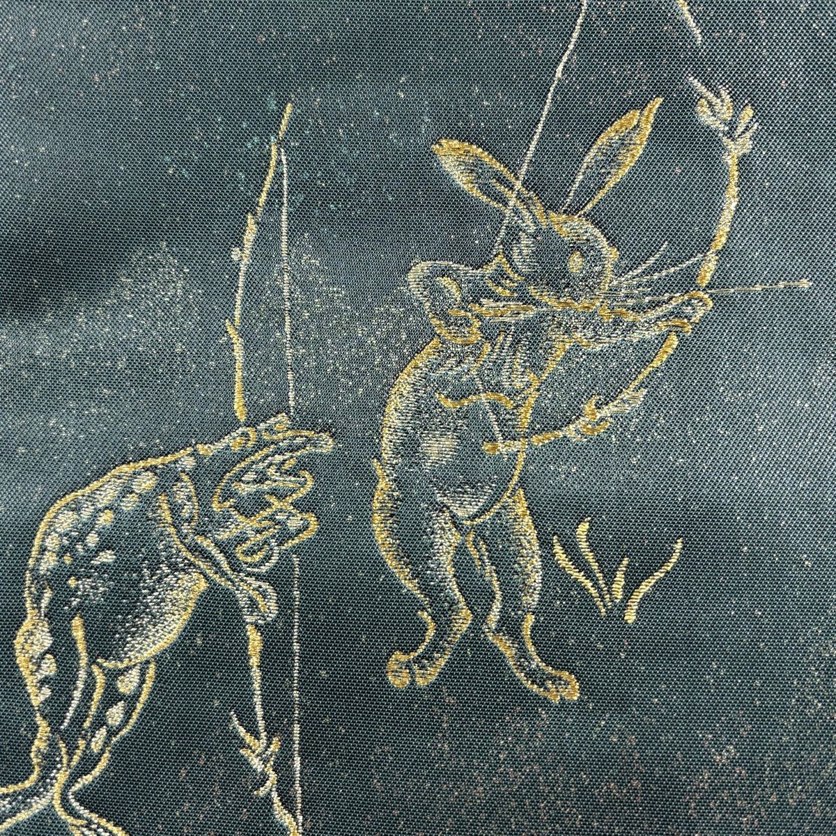 袋帯 鳥獣戯画 箔 深緑 六通 正絹