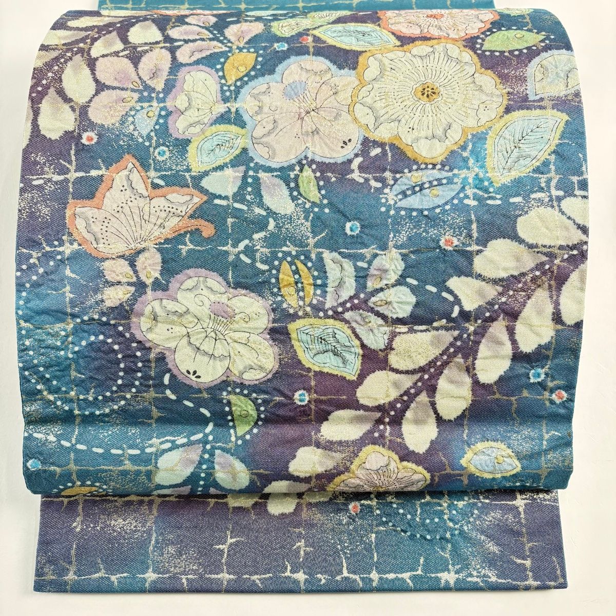 おしゃれ袋帯　辻が花 洒落袋帯○金茶地に辻が花模様 - からん::アンティーク着物