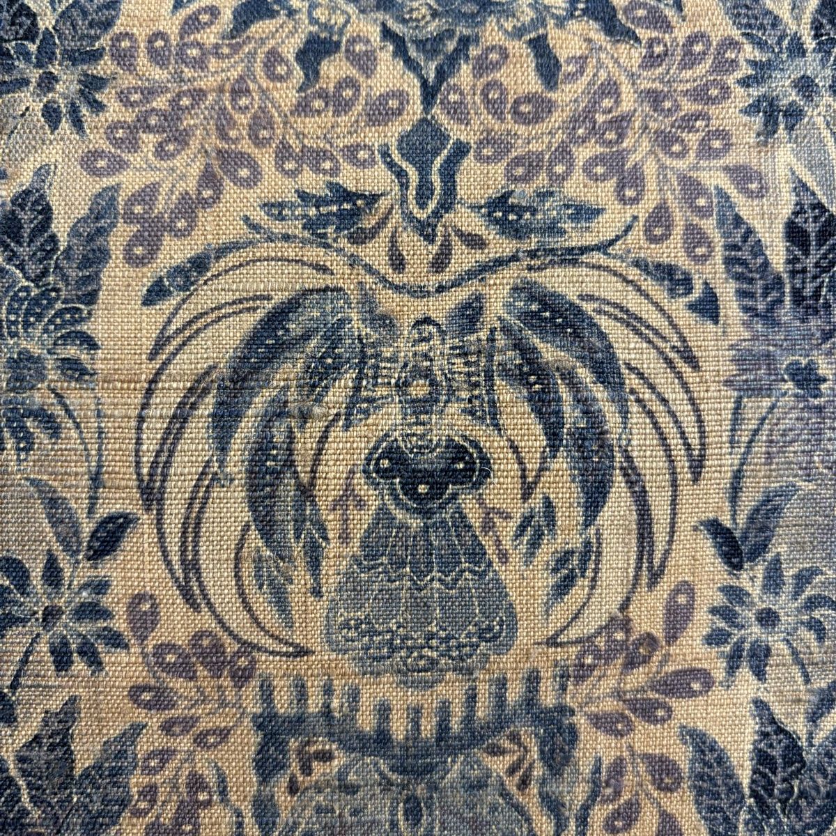 袋帯 紬地 草花 更紗 薄茶色 全通 正絹