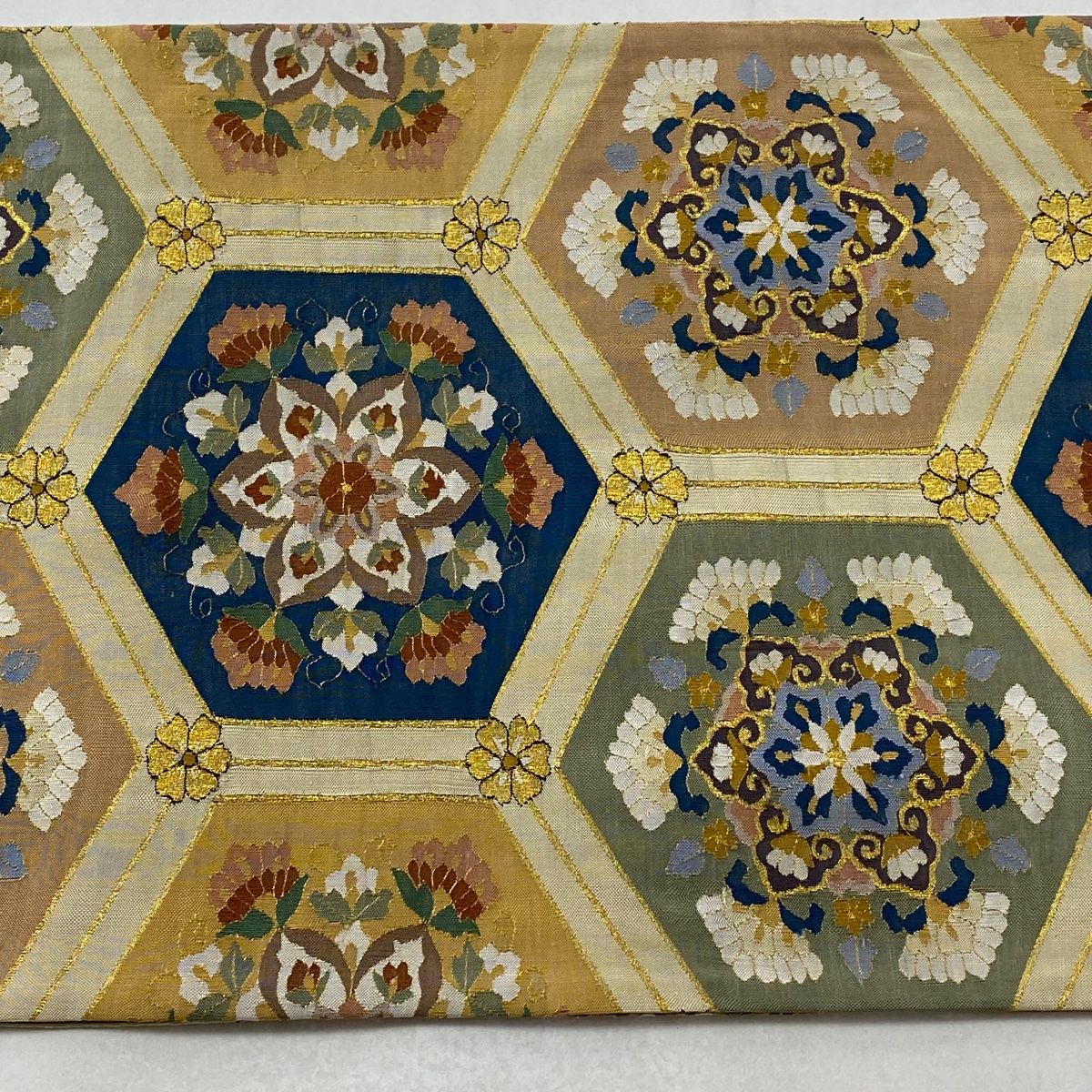  袋帯 明綴れ 亀甲 華文 金糸 ベージュ 全通 正絹 袋帯 帯