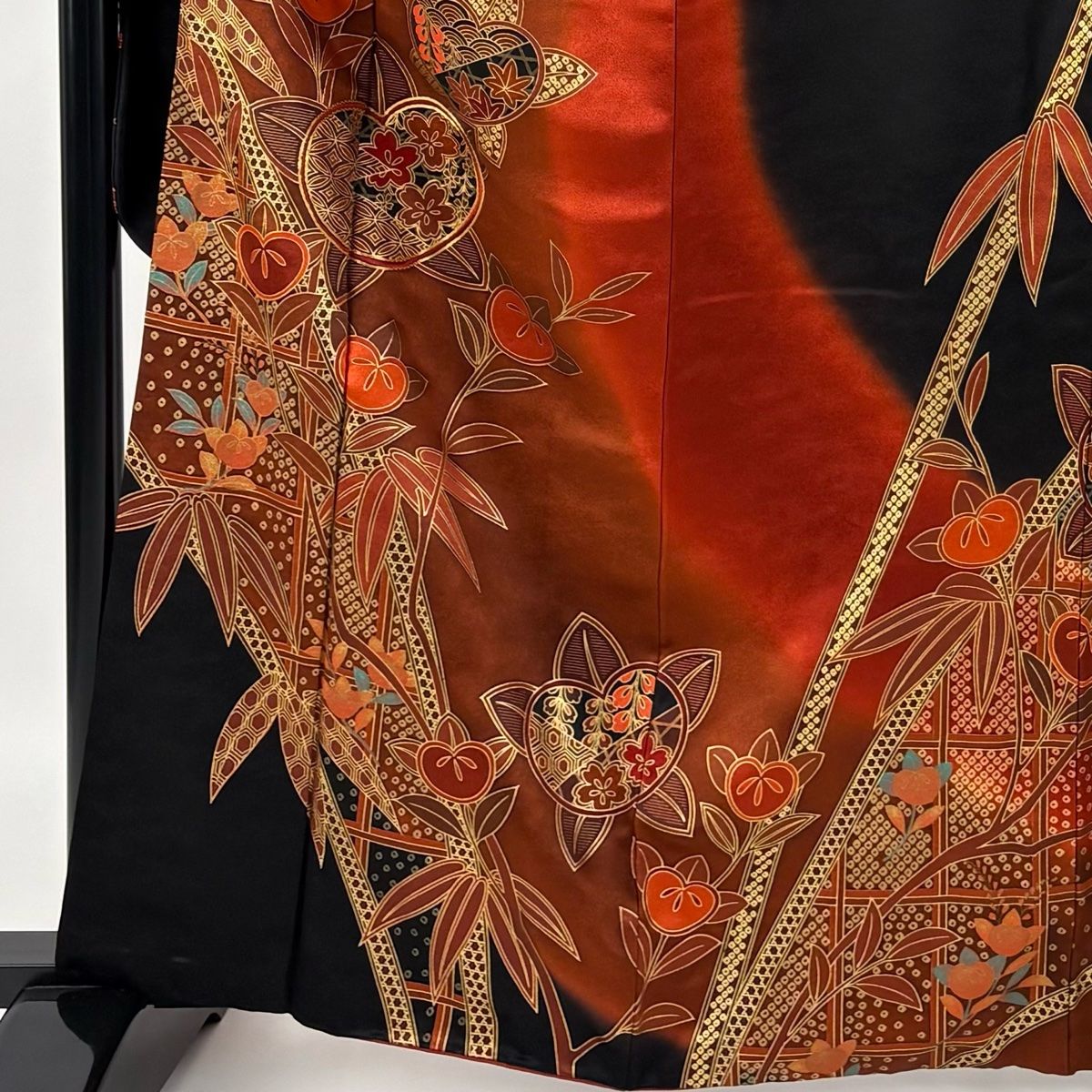 振袖 身丈164 cm 裄丈68 L 袷 袋帯フルセット 橘 竹 金糸 金彩 赤茶 正絹 秀品