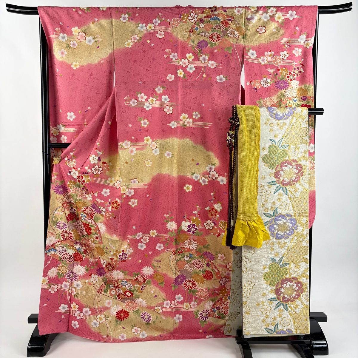 振袖 身丈169 cm 裄丈67 M 袷 袋帯フルセット 扇 草花 金彩 染め分け ピンク 正絹