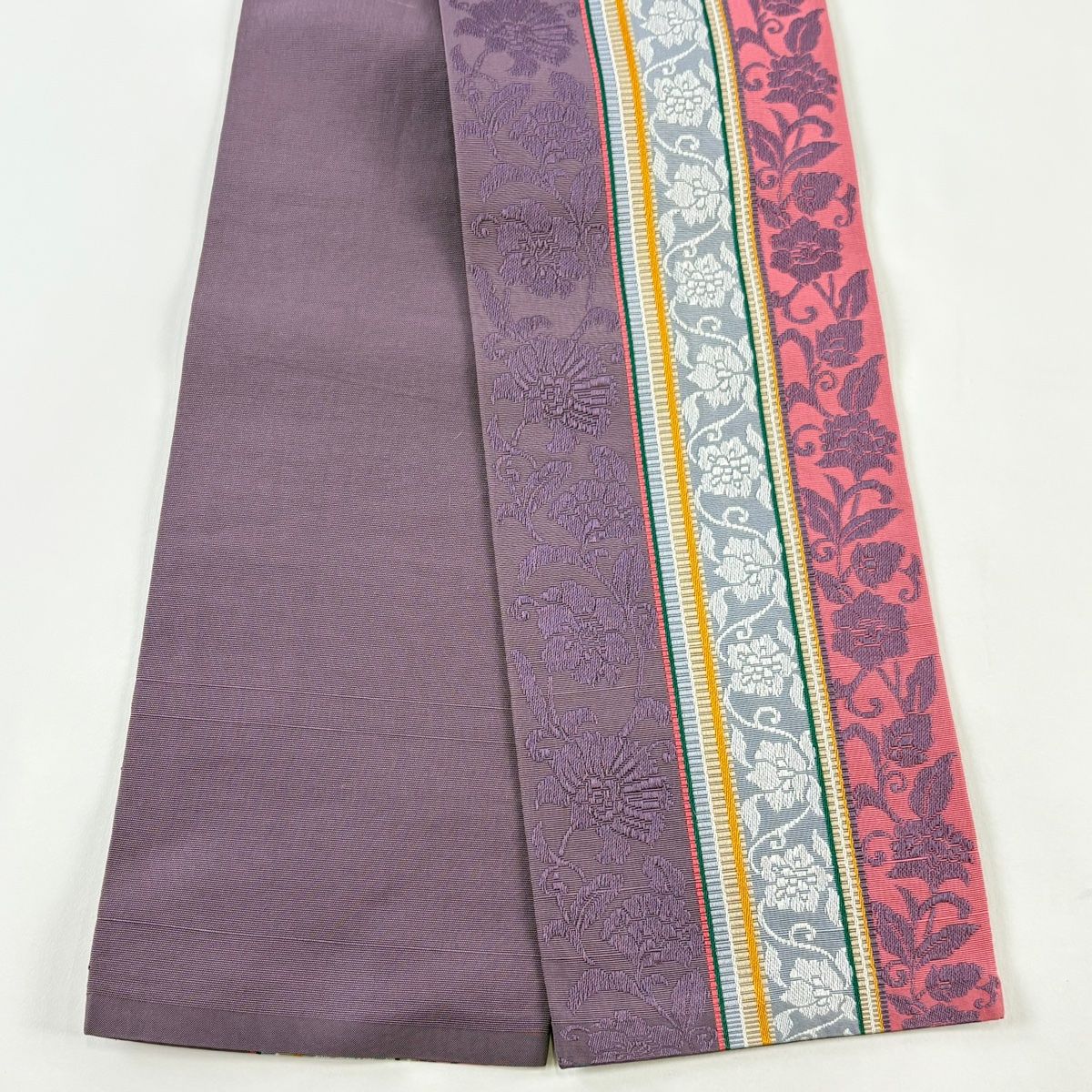 半幅帯 優品 証紙 本場筑前博多織 ポケット付 花唐草 縞 紫 正絹