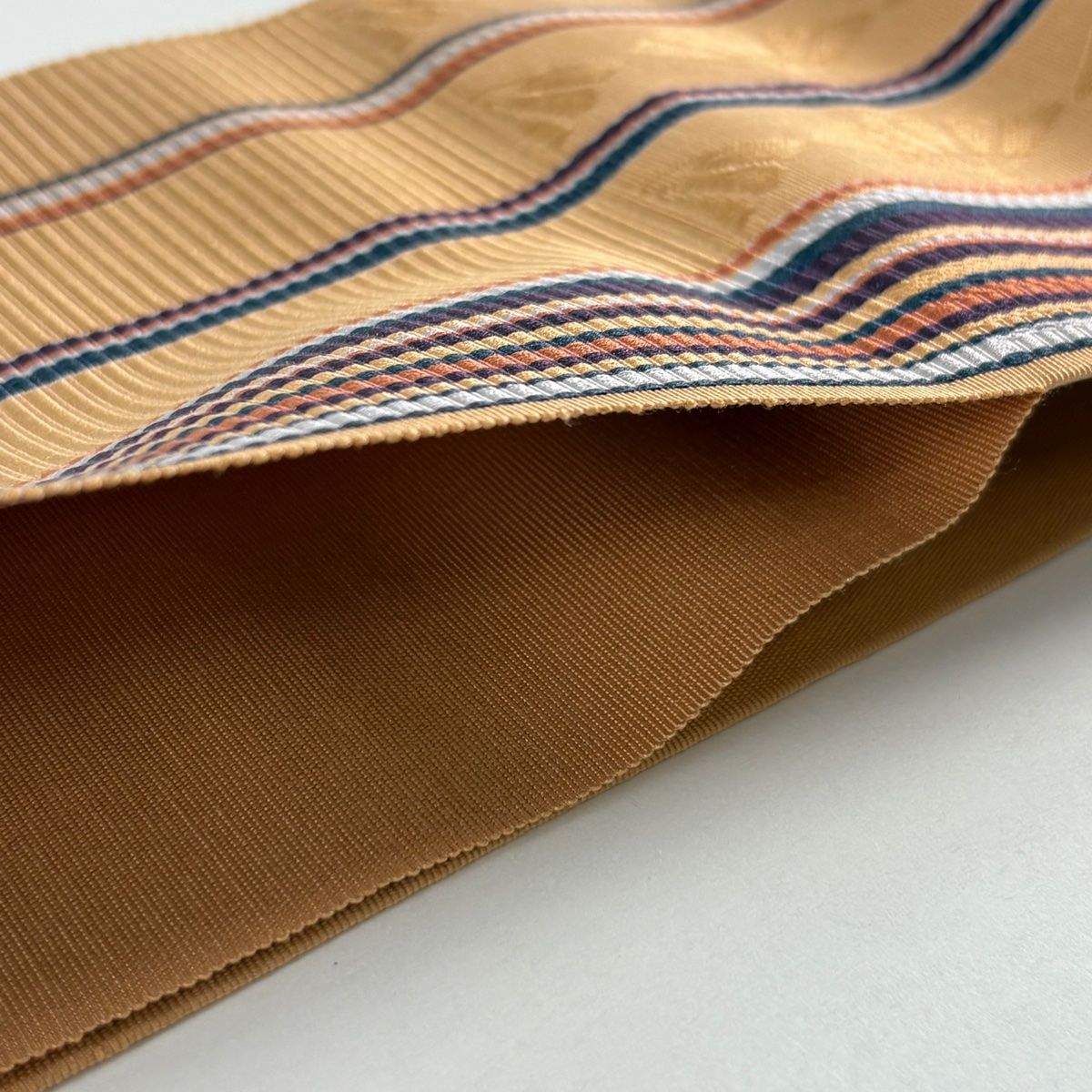  半幅帯 優品 ポケット付 扇 縞 薄茶色 正絹 半巾 半幅 小袋帯 帯