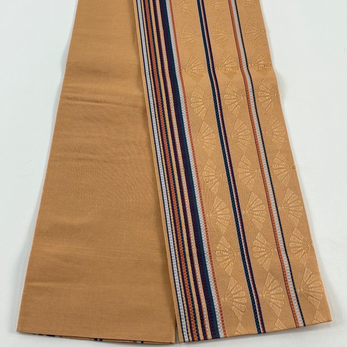 半幅帯 優品 ポケット付 扇 縞 薄茶色 正絹