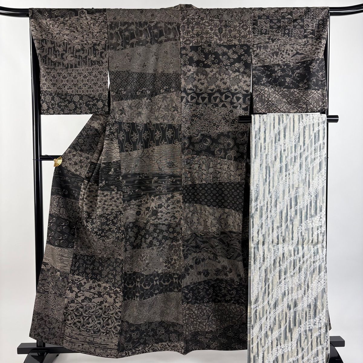 紬 身丈160 cm 裄丈66 M 袷 袋帯セット 松竹梅 蝶 焦茶色 正絹