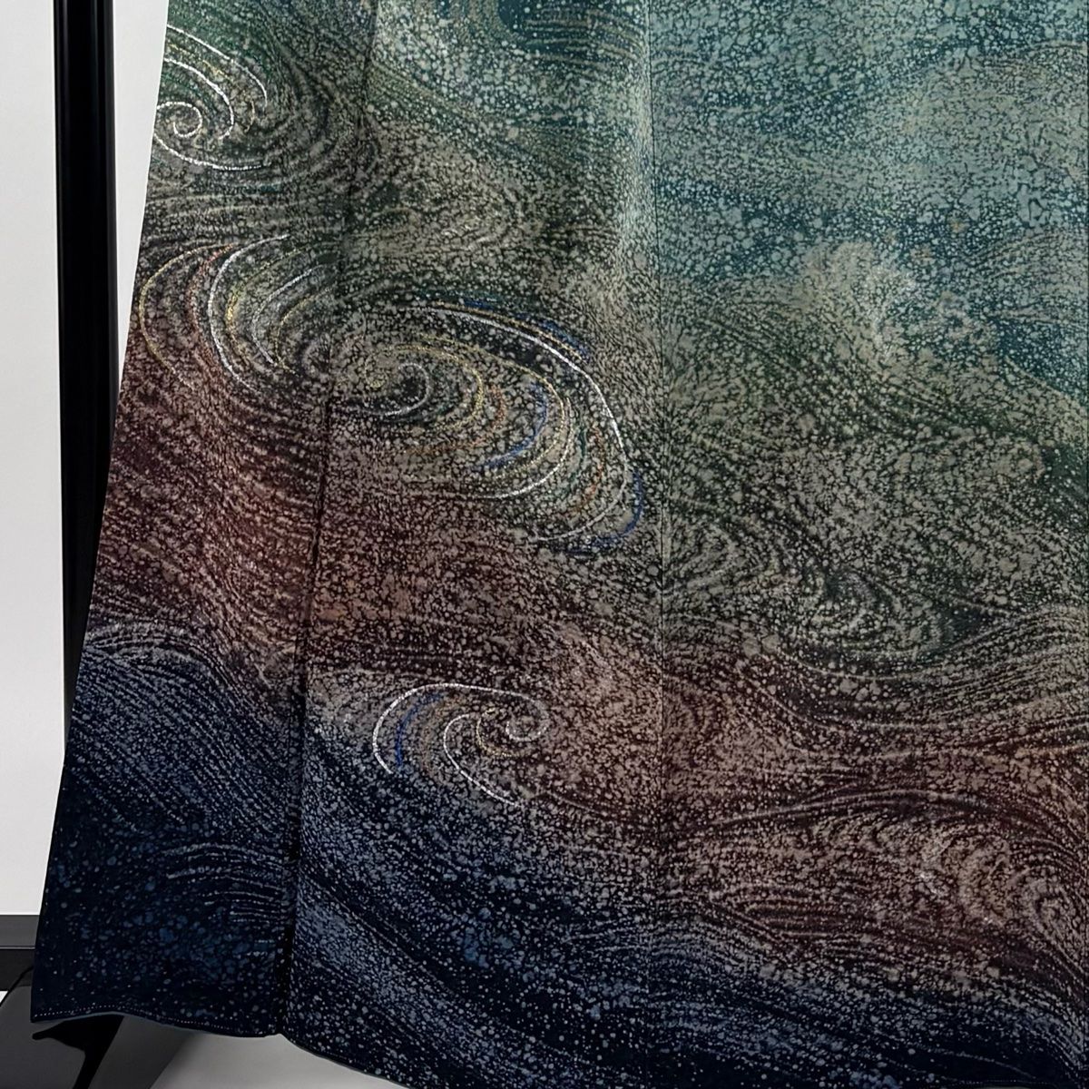 訪問着 身丈165 5 cm 裄丈67 L 袷 袋帯セット 渦巻き 流水 箔 金銀彩 青緑 正絹