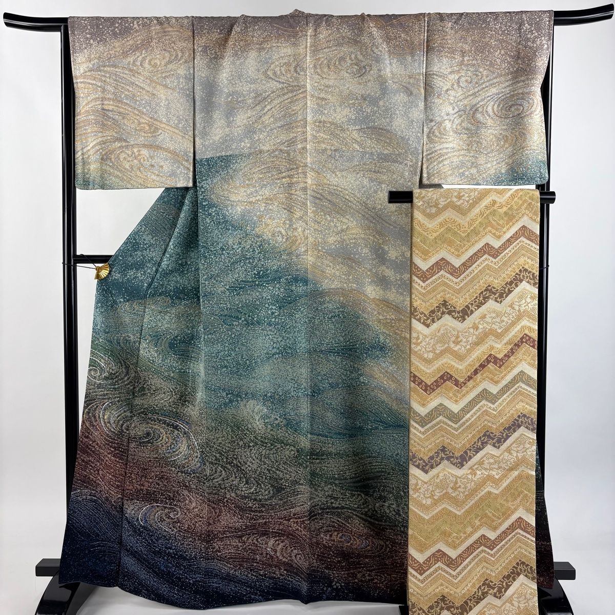 訪問着 身丈165.5 cm 裄丈67.5 L 袷 袋帯セット 渦巻き 流水 箔 金銀彩 青緑 正絹