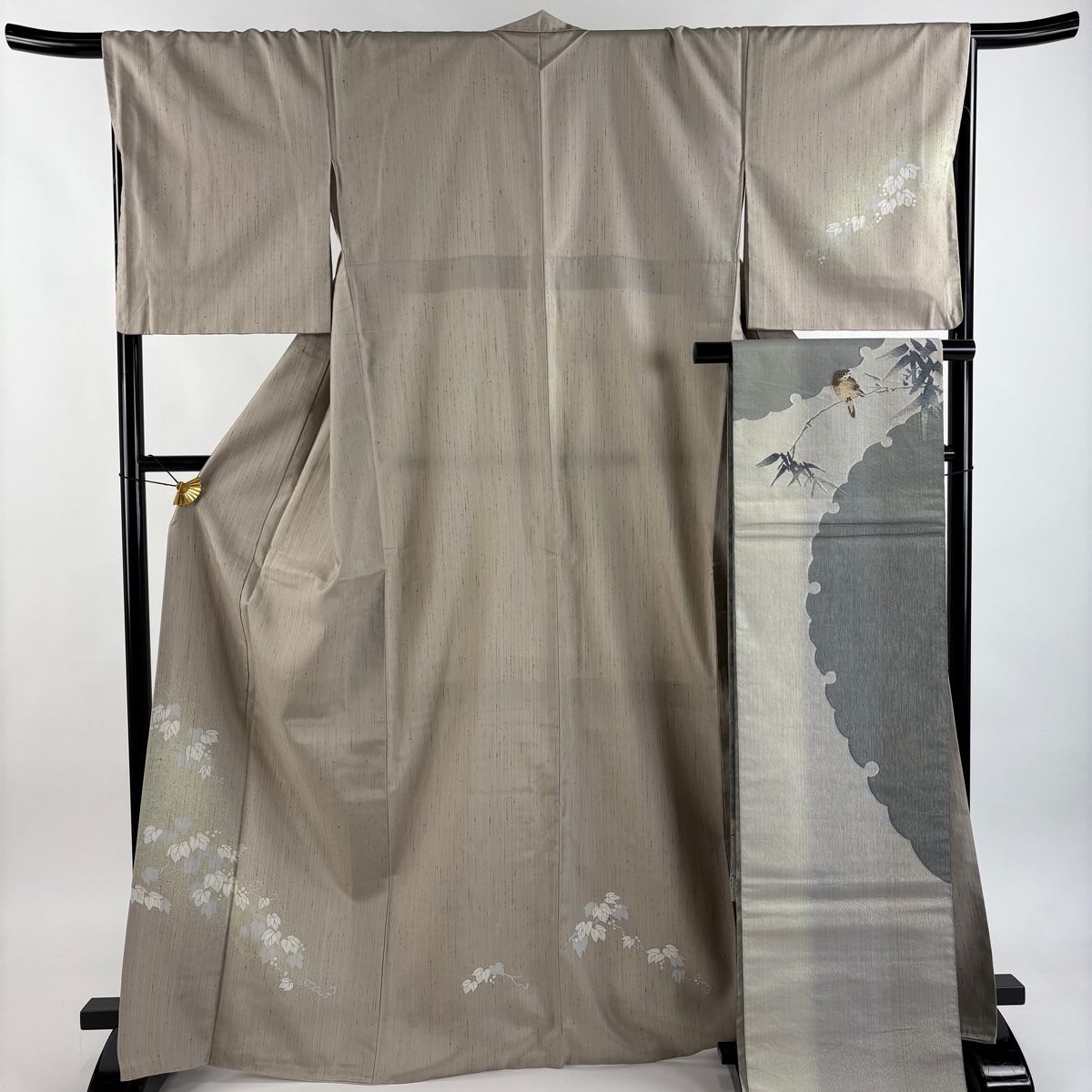 付下げ 身丈168 cm 裄丈68 L 袷 袋帯セット 紬地 落款 葉と実 灰茶 正絹