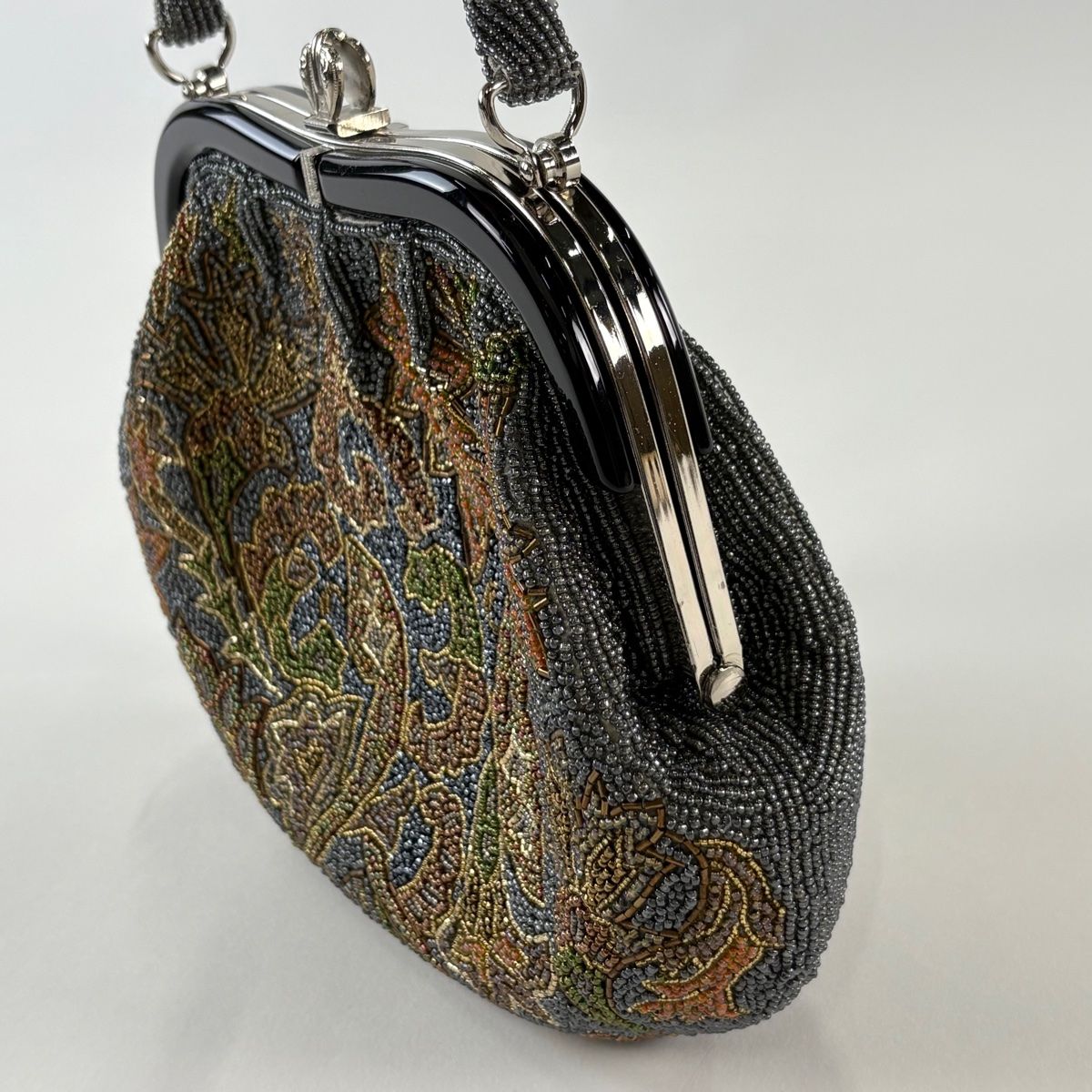 和装バッグ 優品 ビーズバッグ フォーマル 草花 灰色 ビーズ 和装小物