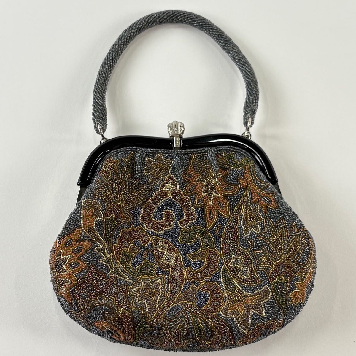 和装バッグ 優品 ビーズバッグ フォーマル 草花 灰色 ビーズ 和装小物