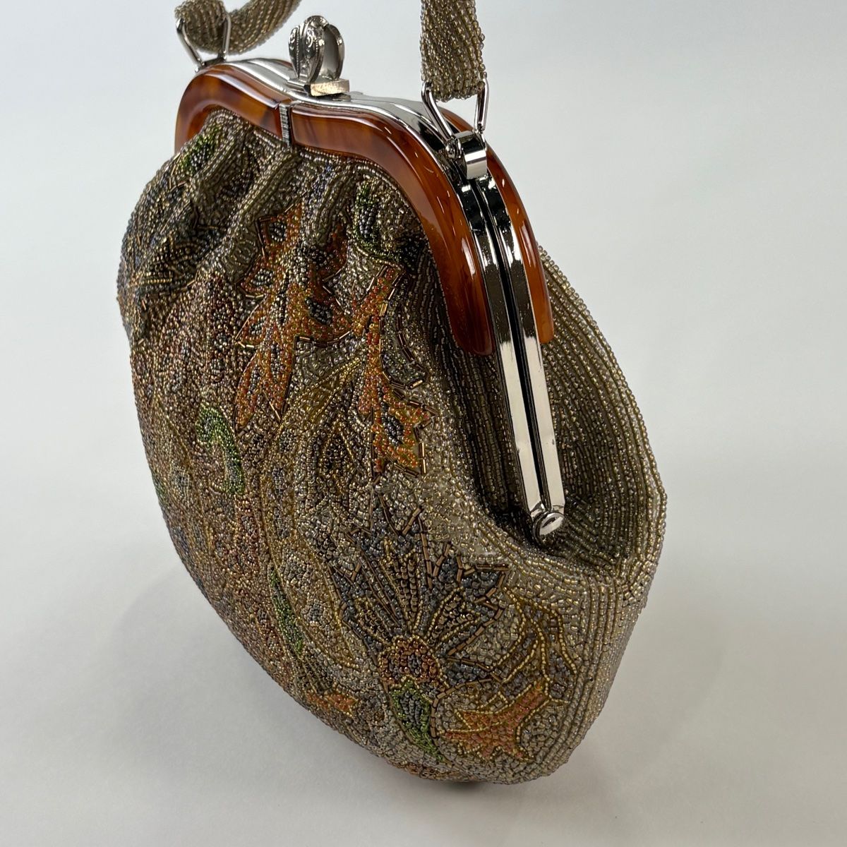 和装バッグ 優品 ビーズバッグ フォーマル 草花 茶色 ビーズ 和装小物