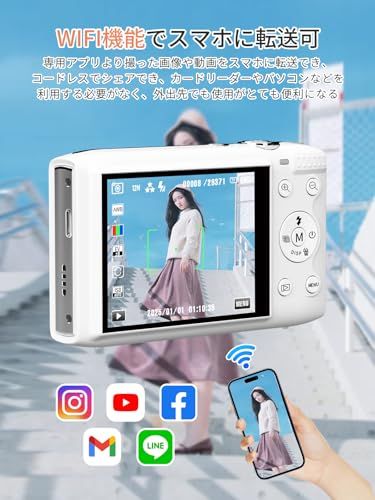AiMike スマホに送れる デジタルカメラ 5 K デジカメ WIFI転送機能 7200万画素 64 GBマイクロSDカード付き 16倍デジタルズーム オートフォーカス機能 LEDライト ウェブカメラ 2 8インチ大画面 バッテリー コンパ 7 ec ba 0 c