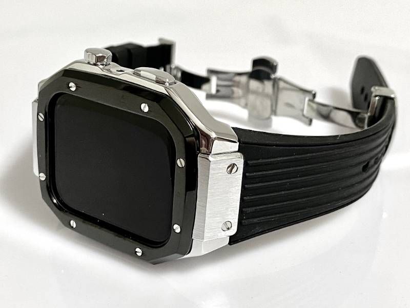 改良版 ブラックシルバー アップルウォッチバンド ラバーベルト ステンレス カバー Apple Watch ケース 44 mm 45 4 5 6 7 8 se メンズ レディース スポーツ