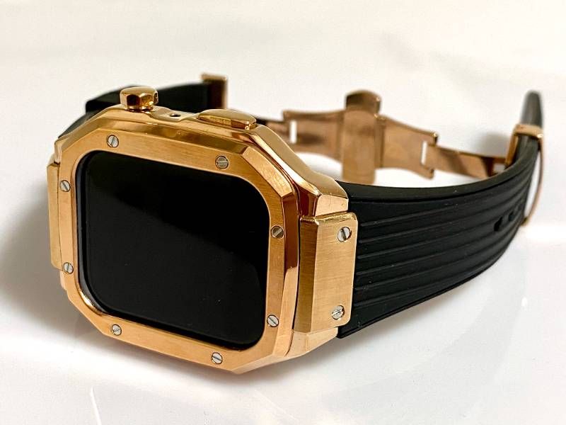 改良版 フルローズゴールド アップルウォッチバンド ラバーベルト ステンレス カバー Apple Watch ケース 44 mm 45 4 5 6 7 8 se メンズ レディース スポーツ