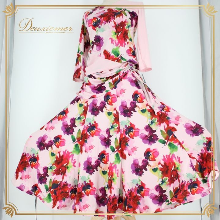 社交ダンス 衣装 上下セット ツーピース パーティ衣装 レディース オールシーズン Leirena レイリーナ ピンク系 ピンク 赤 緑 フラワー 花柄 伸縮性 ゴムウエスト レディス モダンダンス パーティー スカート トップス セットアップ