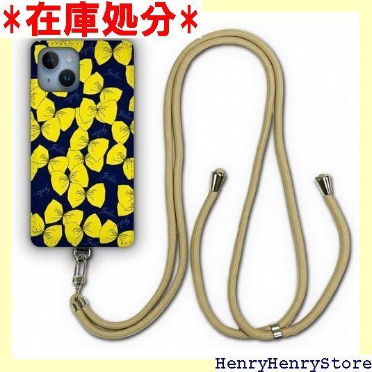 ス ScoLar デザイン iPhone 14 ケース スマホショルダー アイフォン14 スマホケース ショルダーストラップ ショルダーケース スマホストラップ カバー スマホカバー イエロー リボン ネイビー総柄 914