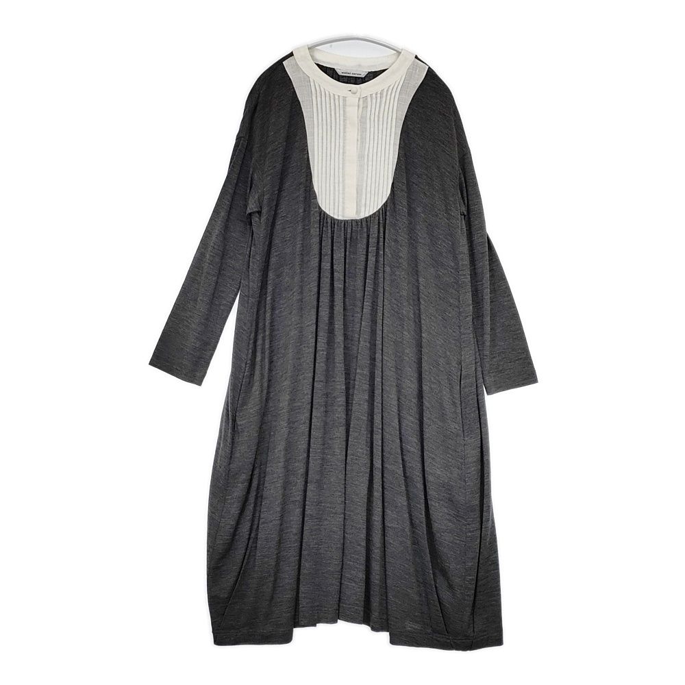 atelier naruse na-03057 ウール ギャザー リネンタック プリーテッドブザム ワンピース グレー ホワイト レディース アトリエナルセ 5-1111 T