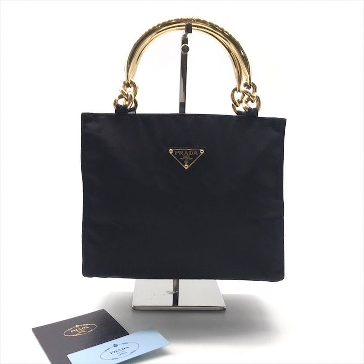 PRADA プラダ 三角ロゴ プレート ナイロン テスート メタル ハンドル ハンド バッグ ブラック レディース ブランド かばん r 448