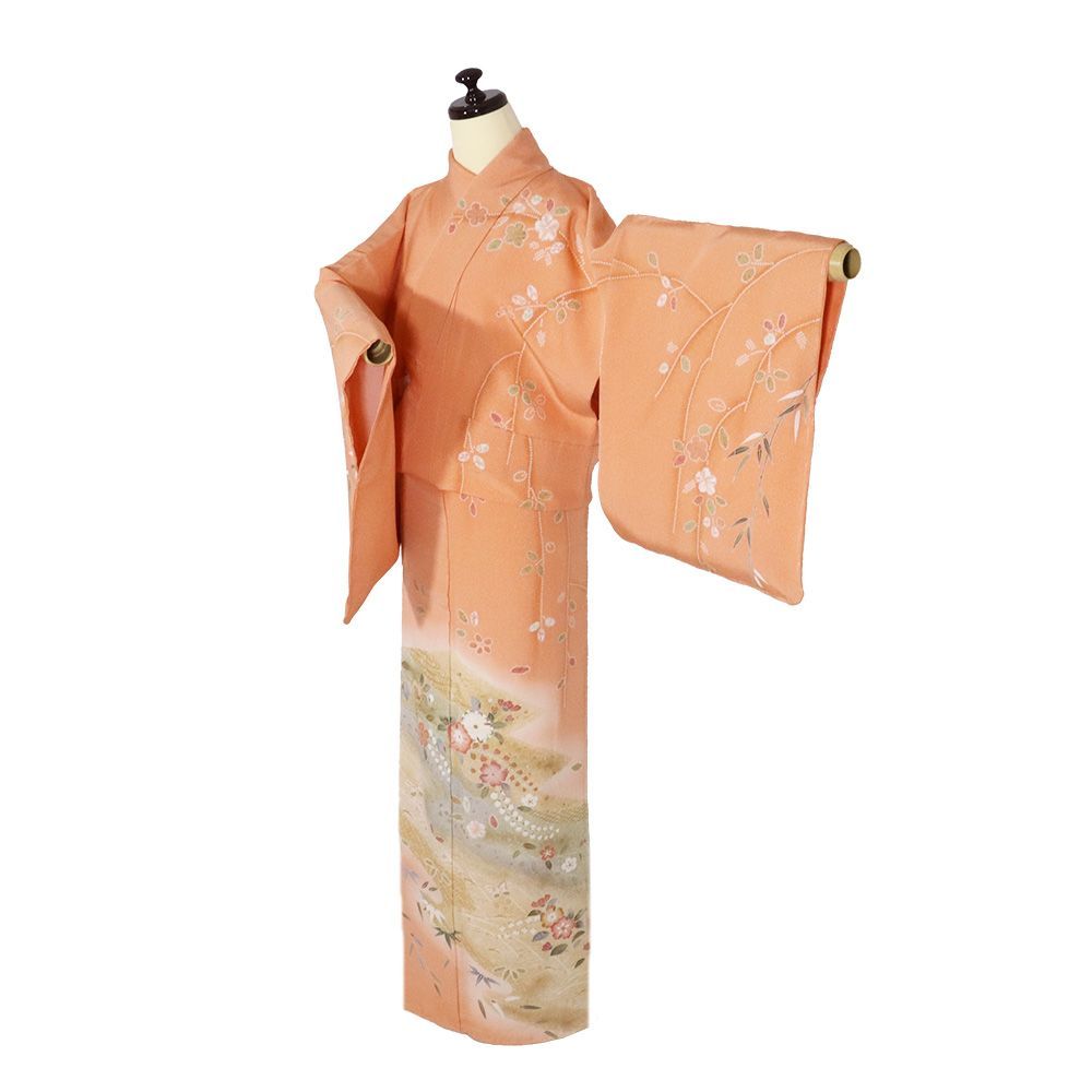 辻が花訪問着 袷 正絹 サーモンピンク 絞り 辻が花 梅 南天 Mサイズ ki 31299 レディース ギフト フォーマル み