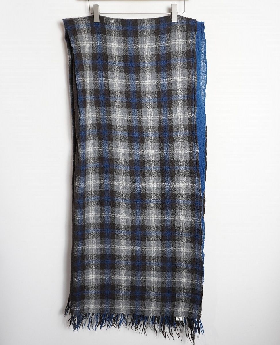 Y’s ワイズ 大判 ストール ウール チェック柄 YOHJI ヨウジヤマモト YB L 05 188 青黒 1026 P 2